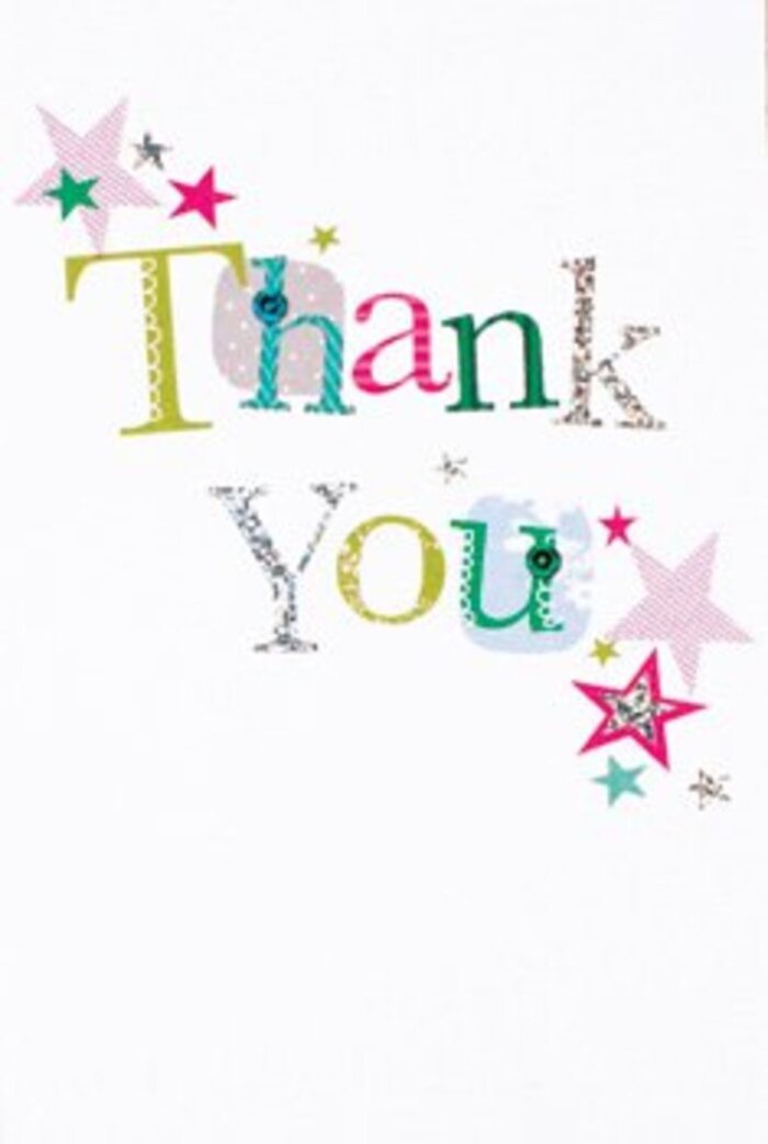 The thank you card sits gracefully, each letter carefully composed to convey both warmth and gentle exuberance-a style cherished by those who frequent Primrose Hill's creative corners. Its lettering is a lively symphony: some characters curve playfully with stitching and spots, others seem to dance with an elegant, musical charm. Unique shades-sparkling pink, deep turquoise, crisp lime, and hints of silvery gleam-bring each letter to life, clustered stars lending an extra sprinkle of celebration as if blessing the heartfelt message. Against a field of pristine white, every detail is bathed in natural light reminiscent of a bright morning in Primrose Hill. The design is airy, contemporary, and unmistakably sincere-neither stiff nor overly whimsical-reflecting the thoughtful sensibility of local florists who understand every nuance of personal expression. Such a card would nestle perfectly alongside a hand-tied bouquet delivered nearby, echoing both joy and appreciation-much like the moments celebrated in the heart of Primrose Hill, where community and artistry meet in every gesture.